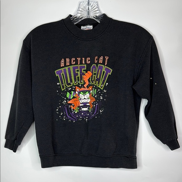 Vintage Santee Arctic Cat Tuff Cat Snowmobile Black Sweatshirt Size Kids Medium - Picture 1 of 13